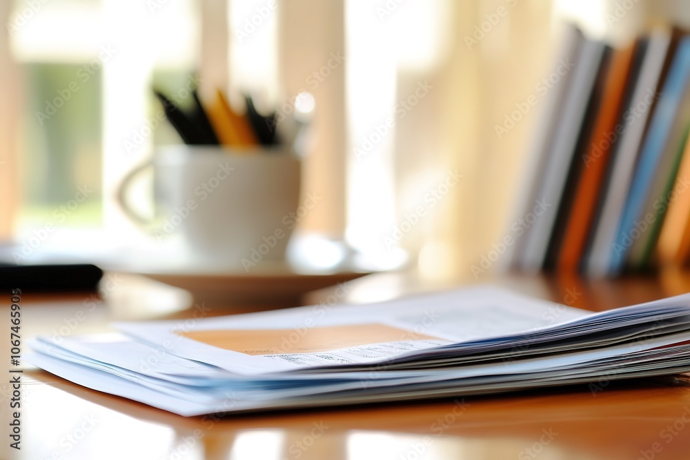 Naklejka premium Blurry office background with paperwork and cup