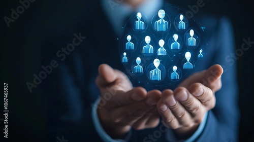 Businessman holding virtual network of profile icons, representing global communication and teamwork photo