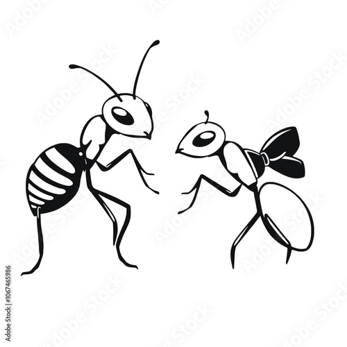 a black and white illustration of two ants