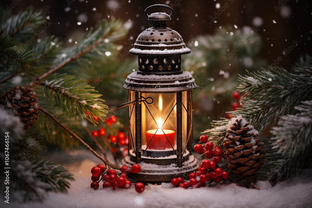 A cozy lantern glowing amidst snowy pine branches and red berries, perfect for Christmas and winter celebrations. A cozy lantern glowing amidst snowy pine branches and red berries, perfect for Christmas and winter celebrations.