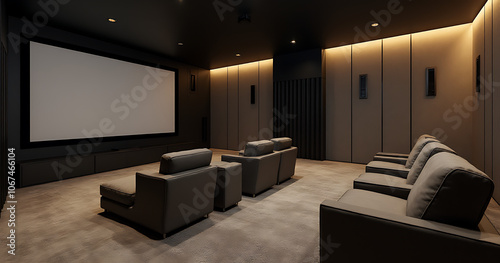 A sleek home theater room boasts a modern interior and a detailed 3D rendering of its design and features