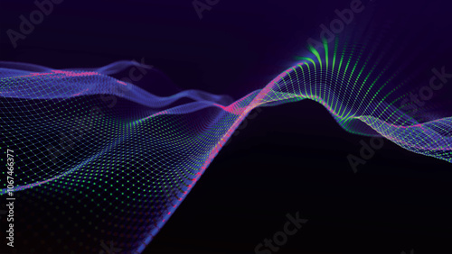Futuristic point wave of particles. Visualization of sound waves. Dark background. Technology or science banner. Abstract digital 3D wave. Vector illustration.
