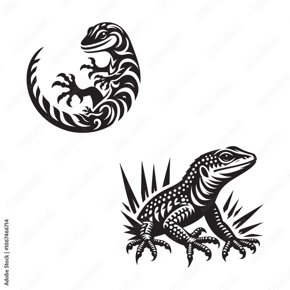 Lizard Silhouette Vector Set, Black and White Lizard Icons Collection, Exotic Lizard Silhouette