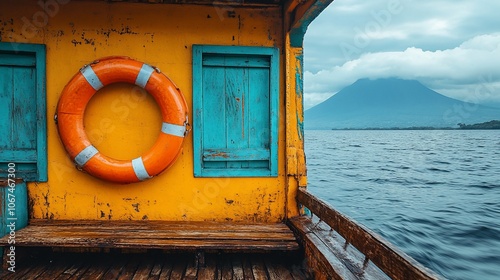 A weathered orange life preserver hangs on the yellow wall of a boat with a mountain in the background.