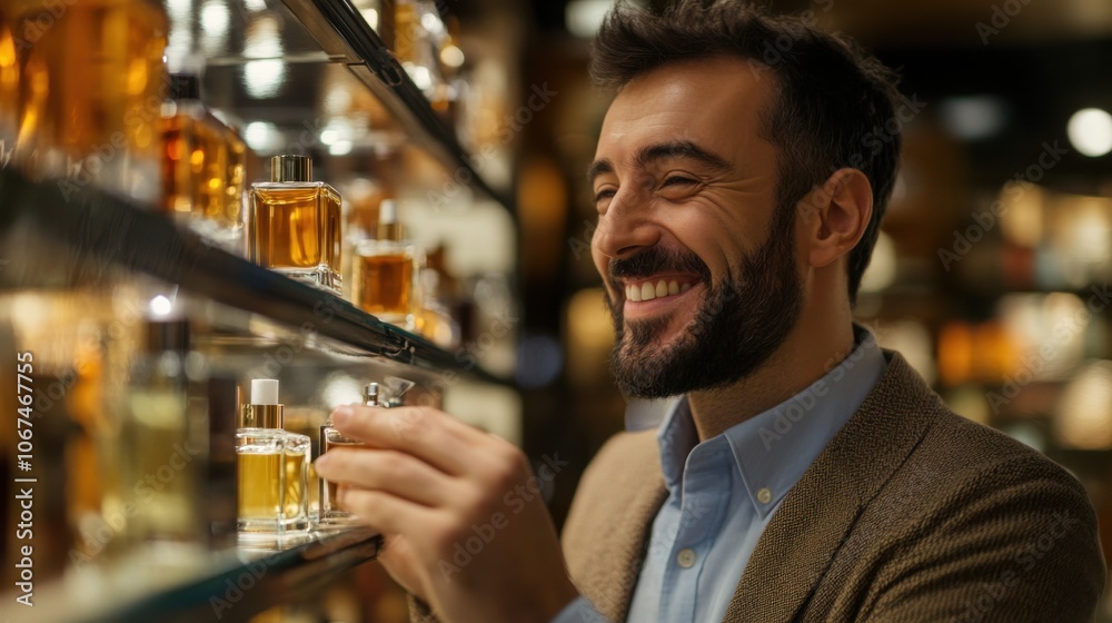 Happy man shopping for cologne, testing scents in an elegant fragrance store, with a smile of satisfaction and enjoyment Happy man shopping for cologne, testing scents in an elegant fragrance store, with a smile of satisfaction and enjoyment
