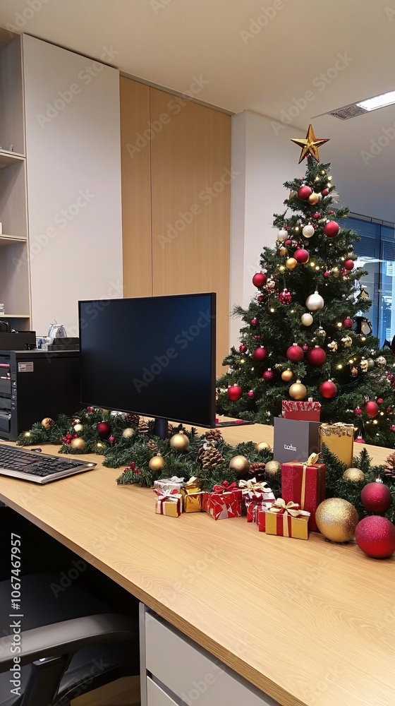 Christmas decorations adorning office desk with computer and tree Christmas decorations adorning office desk with computer and tree