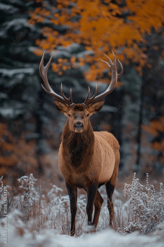 Fototapeta premium A majestic deer with large antlers poses gracefully in a snowy forest clearing, capturing the essence of wilderness.