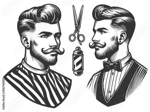 Hipster man with a mustache in barber attire, featuring barber pole, scissors, and classic grooming elements sketch engraving generative ai vector illustration. Scratch board. Black and white image.