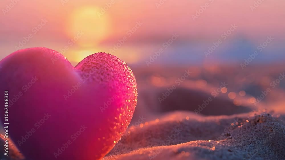 Pink heart-shaped sand on the beach with pink sunset.