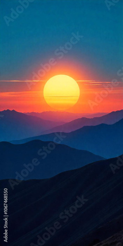Mountain Range with Rising Sun 