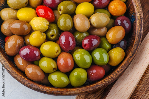 An assortment of various olives presented in a bowl, showcasing different colors, textures, and flavors