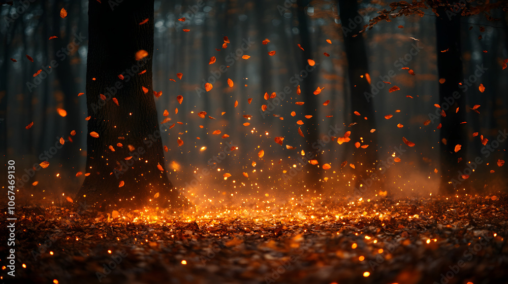 Golden and red autumn leaves gently falling from trees in a forest, creating a serene and picturesque seasonal landscape
Golden and red autumn leaves gently falling from trees in a forest, creating a serene and picturesque seasonal landscape