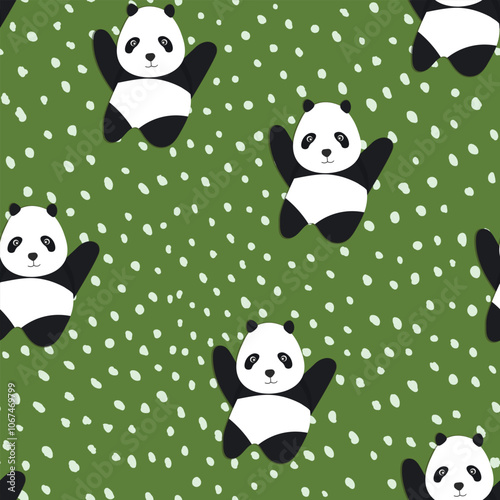 Seamless pattern with cute panda baby on color background. Funny asian animals. Card, postcards for kids. Flat vector illustration for fabric, textile, wallpaper, poster, gift wrapping paper photo