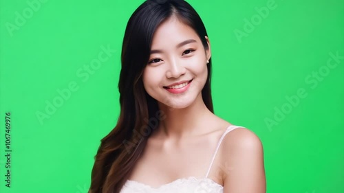 portrait of a beautiful attractive girl of Asian appearance who stands on a green background and looks at the camera. chrome key