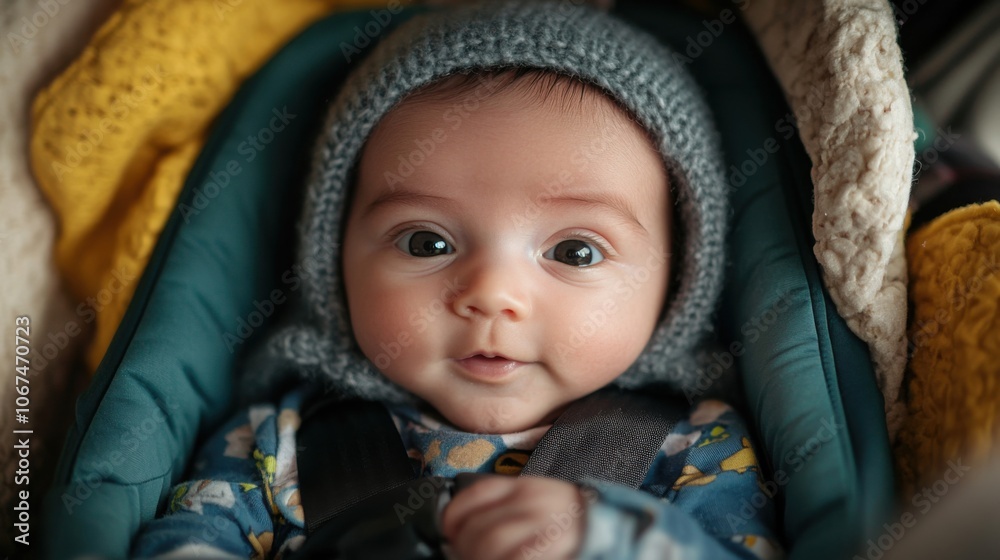 Newborn baby secured in a car seat, capturing the precious first car ride, suited for family and child safety-focused images Newborn baby secured in a car seat, capturing the precious first car ride, suited for family and child safety-focused images
