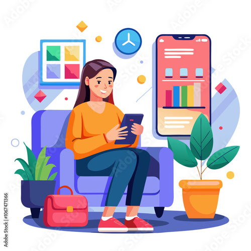 a women sitting in a living room and using phone in background flat illustration of an app interface as metaphor, vector illustration