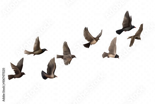 Flock of birds flying in sky. (Jackdaw, Corvus Monedula). Isolated against a white background with clipping path.
