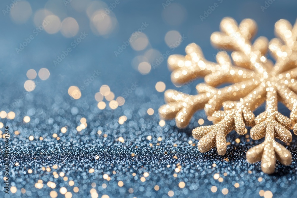 A Close-Up Image of a Golden Snowflake on a Blue Glittery Bokeh Background A Close-Up Image of a Golden Snowflake on a Blue Glittery Bokeh Background