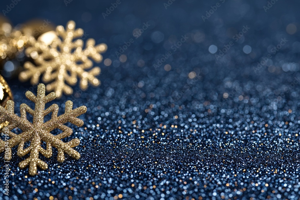 A Close-Up Image Displaying Gold Snowflakes and Ornaments on a Sparkling Blue Background A Close-Up Image Displaying Gold Snowflakes and Ornaments on a Sparkling Blue Background