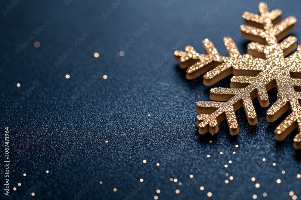 Intricate Gold Snowflake on a Dark Blue Background Portrays Festive Winter Mood Intricate Gold Snowflake on a Dark Blue Background Portrays Festive Winter Mood