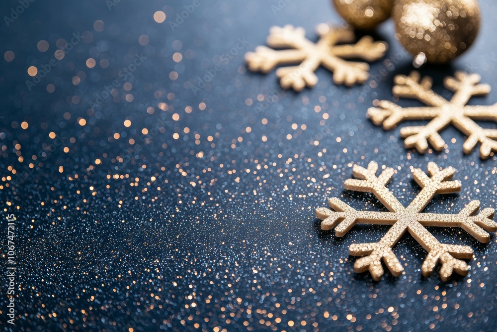 Close-up Capture of Golden Snowflakes and Baubles on a Glittery Blue Background Close-up Capture of Golden Snowflakes and Baubles on a Glittery Blue Background