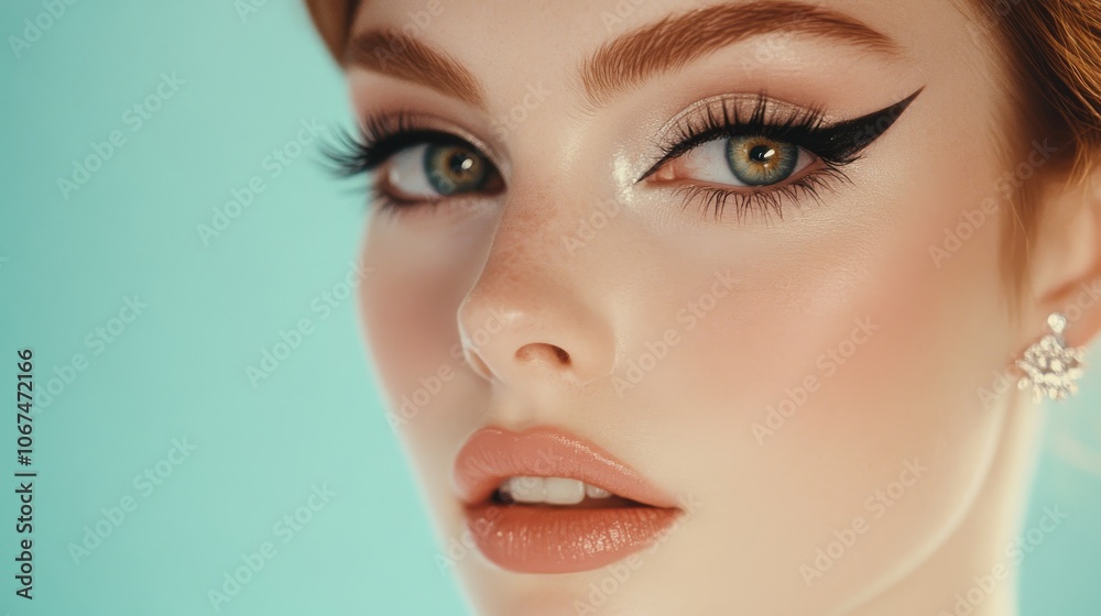 Fototapeta premium Close-up of a young woman with flawless skin, bold cat-eye eyeliner, and natural lip color, showcasing glamour and elegance with a pastel background