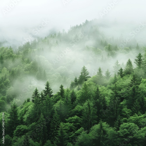 green forest with mist and clear blank space -"A green forest with mist and a clear blank space, offering a serene and peaceful natural landscape."