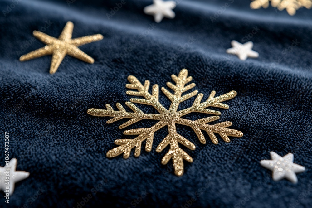 A Close-Up View of an Intricate Gold Snowflake Against Dark Blue Fabric A Close-Up View of an Intricate Gold Snowflake Against Dark Blue Fabric