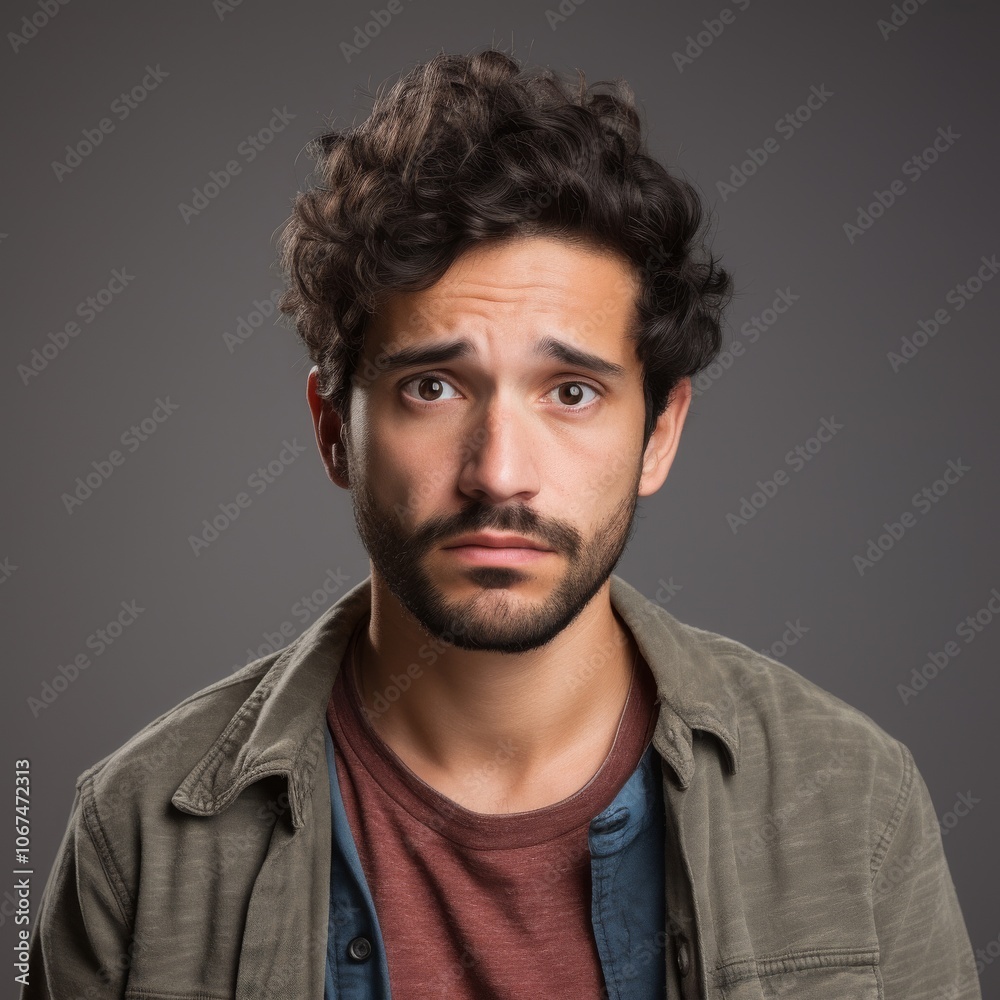 Bored man in casual attire studio portrait against diverse backdrop Bored man in casual attire studio portrait against diverse backdrop