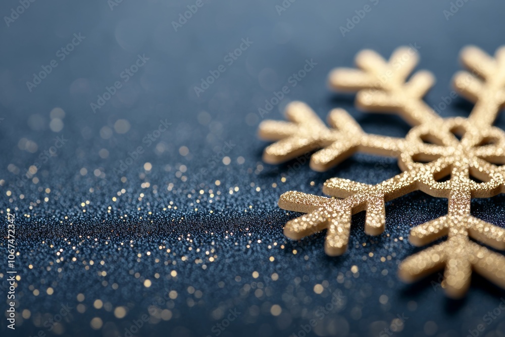 Close-Up of a Glittering Gold Snowflake Against a Deep Navy Blue Background with a Bokeh Effect Close-Up of a Glittering Gold Snowflake Against a Deep Navy Blue Background with a Bokeh Effect