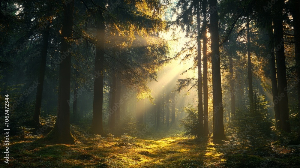 Fototapeta premium A serene forest scene with sunlight filtering through tall tree, creating a tranquil atmosphere.
