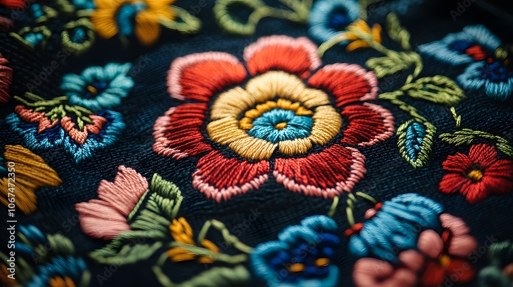 Close-up of an embroidered pattern with traditional folk motifs, featuring colorful flowers and decorative lines on a dark fabric. The design is detailed and intricate, showcasing the artistry in the Close-up of an embroidered pattern with traditional folk motifs, featuring colorful flowers and decorative lines on a dark fabric. The design is detailed and intricate, showcasing the artistry in the