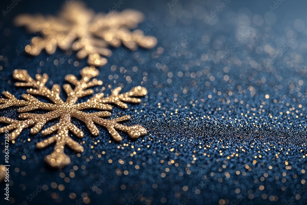 A Close-up of Two Distinctly Designed Snowflakes on a Glittering Gold and Dark Blue Background A Close-up of Two Distinctly Designed Snowflakes on a Glittering Gold and Dark Blue Background