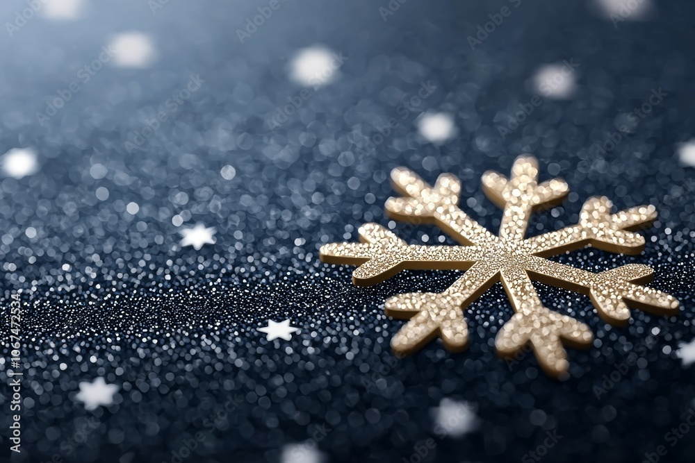 A Detailed Gold Snowflake Adorned with Stars on a Dark Blue Glittery Background A Detailed Gold Snowflake Adorned with Stars on a Dark Blue Glittery Background