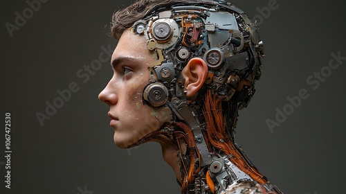 Side profile of bionic superhuman with half of the body covered in advanced machinery and metallic exoskeleton parts