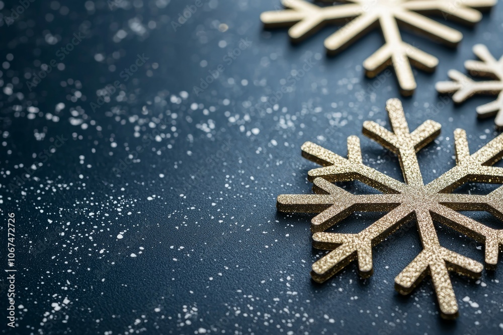 A Trio of Golden Snowflakes Against a Cosmic, Snow-Dusted Sky