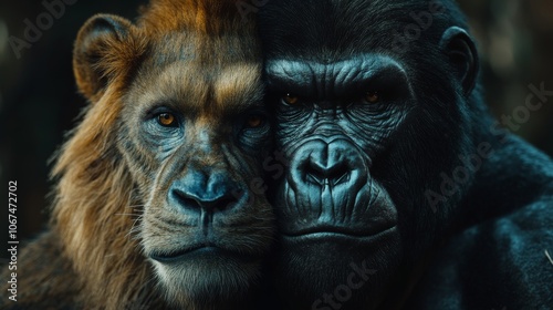 Close-up of a gorilla and lion side by side, highlighting their intense expressions and contrasting features, symbolizing strength, unity, and the power of the animal kingdom.