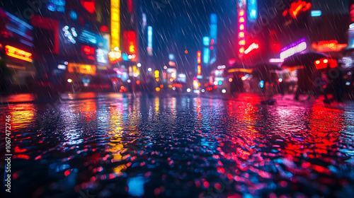 Rain falling on city streets with reflections of neon lights on wet pavement, creating a vibrant urban night scene 