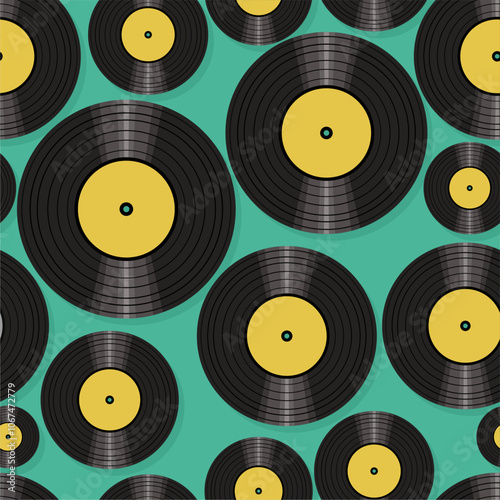 Seamless pattern print wallpaper with vinyl record discs music illustration vector retro style 60s, 70s, 80s, design art background for paper, textile, pack etc. 