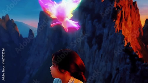 a young girl gathering small, colorful stones from the ground. Mysterious, translucent spirit-like creature floating in mid-air.