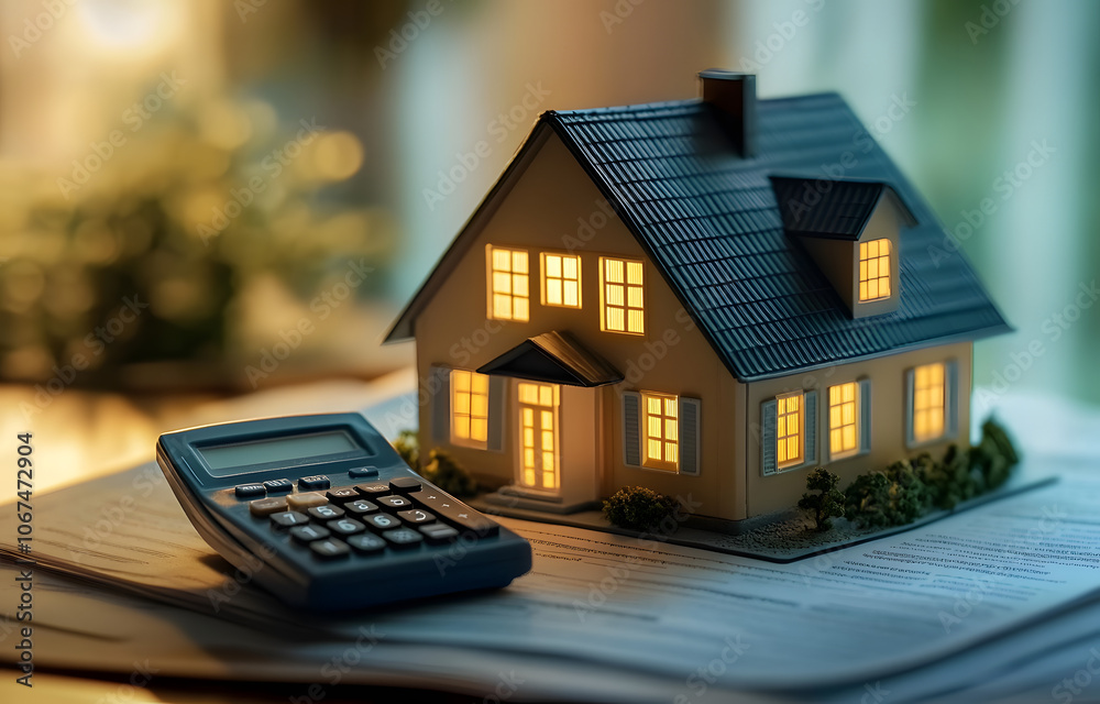 Calculating mortgage options with a model house and calculator on financial documents Calculating mortgage options with a model house and calculator on financial documents
