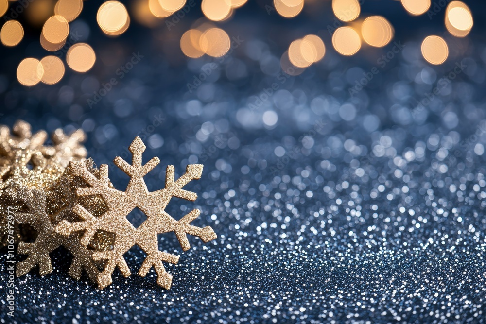 A Close-Up Look at a Snowflake Against a Dark Blue Glittery Background A Close-Up Look at a Snowflake Against a Dark Blue Glittery Background