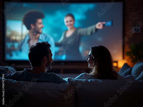 A happy couple is sitting indoors watching a movie on their home cinema projector together in comfort and relaxation