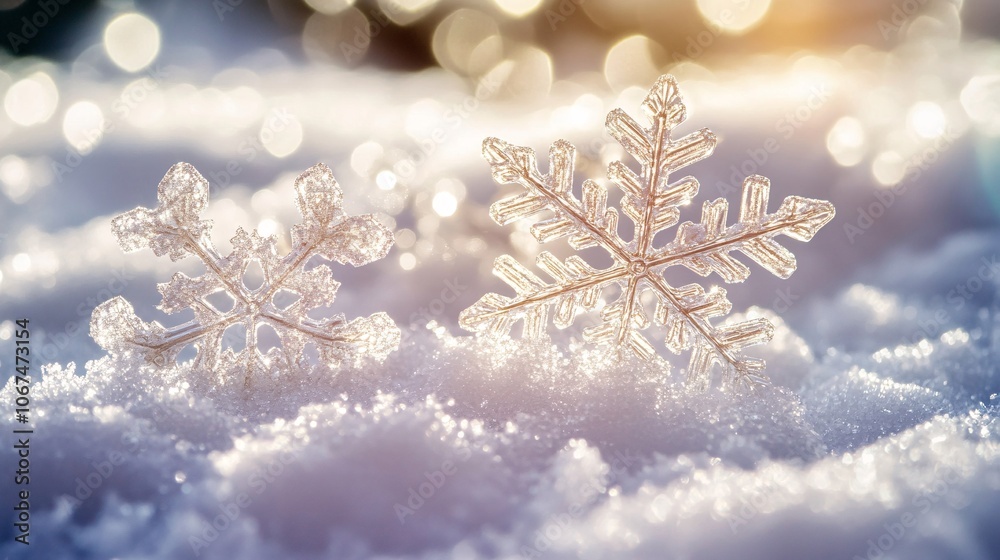 Two snowflakes sparkling on snow during sunset in winter Two snowflakes sparkling on snow during sunset in winter