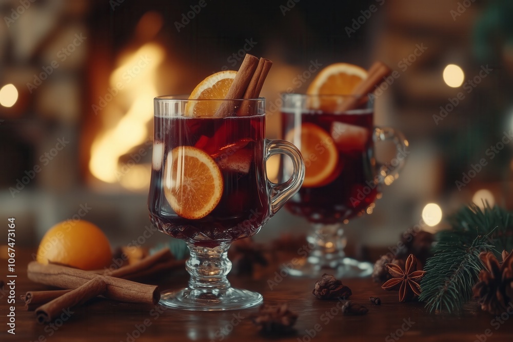 Two glasses of red mulled wine. Hot winter drink with cinnamon, cardamom, orange, anise, Selective focus, soft blurred background, bokeh Two glasses of red mulled wine. Hot winter drink with cinnamon, cardamom, orange, anise, Selective focus, soft blurred background, bokeh