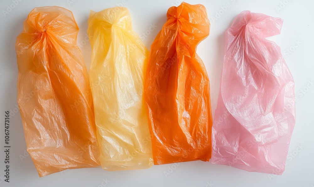 Four plastic bags of different colors, one of which is orange Four plastic bags of different colors, one of which is orange