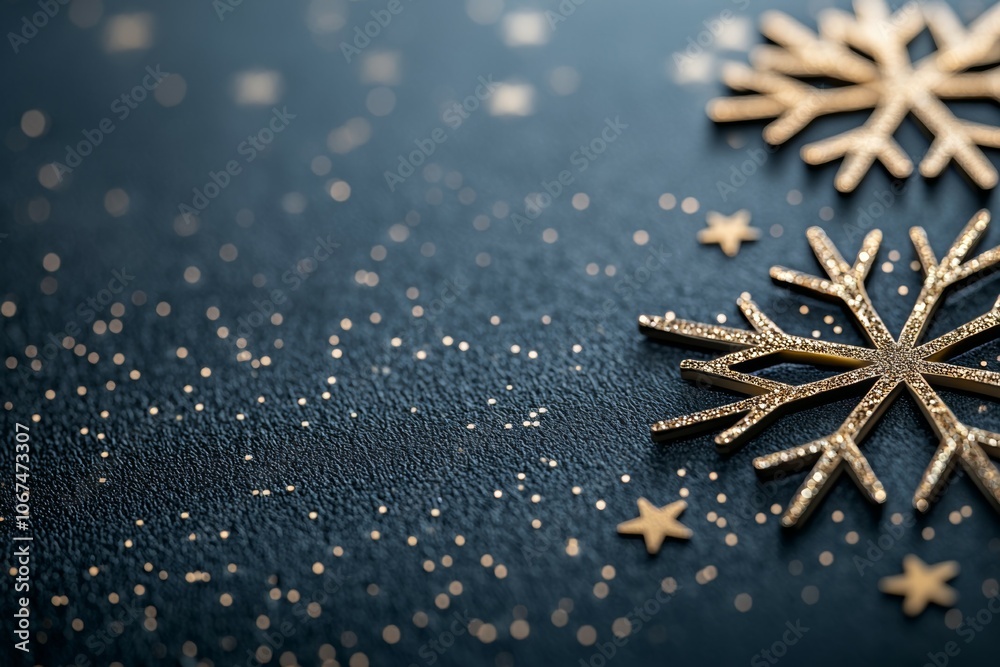 Close-up View of Two Gold Snowflakes Against a Dark Blue Sparkling Background Close-up View of Two Gold Snowflakes Against a Dark Blue Sparkling Background