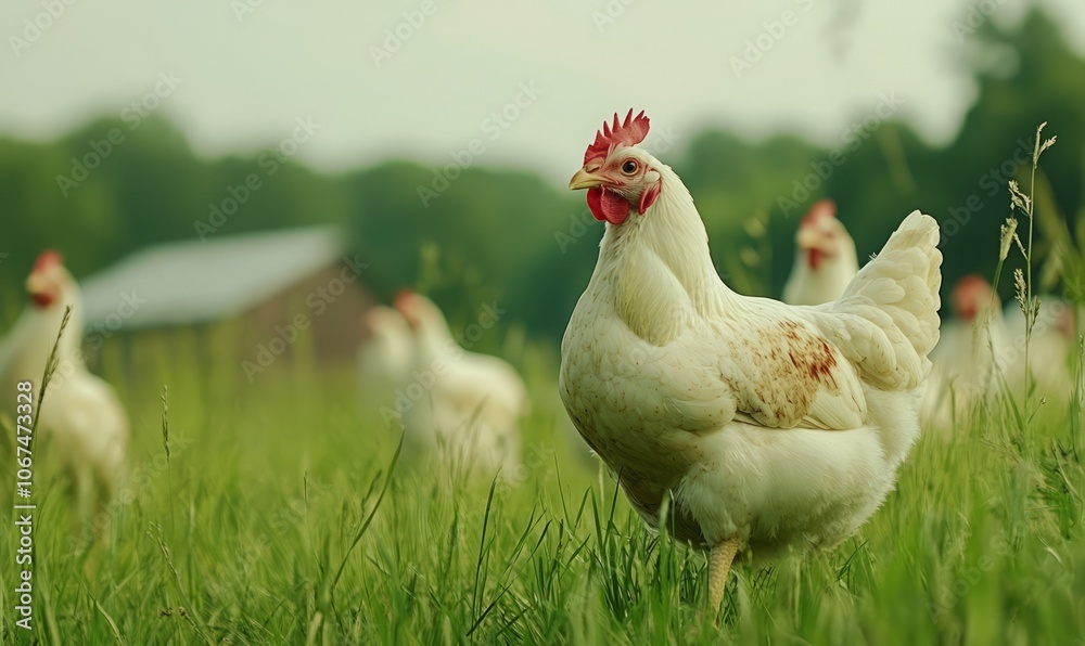 Fototapeta premium Free range broilers on a white chicken farm