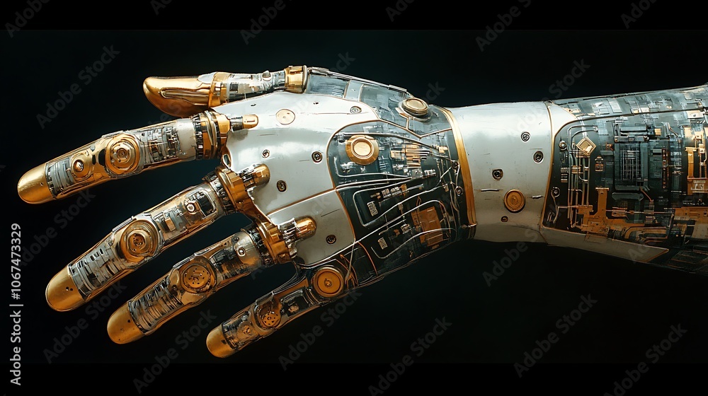 High-resolution depiction of a bionic superhuman with robotic limbs, showing precise details of metallic plating and circuit connections High-resolution depiction of a bionic superhuman with robotic limbs, showing precise details of metallic plating and circuit connections