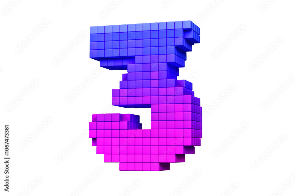 Retro font pixel art style digit number 3 in pink and purple. High quality 3D rendering. Retro font pixel art style digit number 3 in pink and purple. High quality 3D rendering.